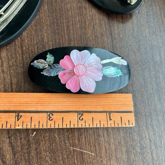 3 vintage barrette unique mother of pearl embedded hibiscus flower fish